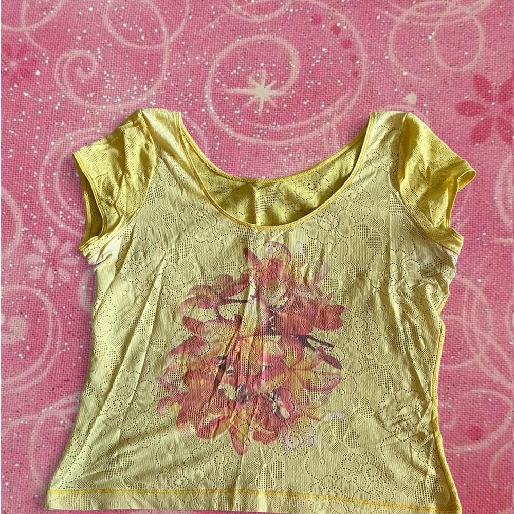 Vintage Y2K Occhi Verdi by La Perla Yellow Lace Mesh Floral Top